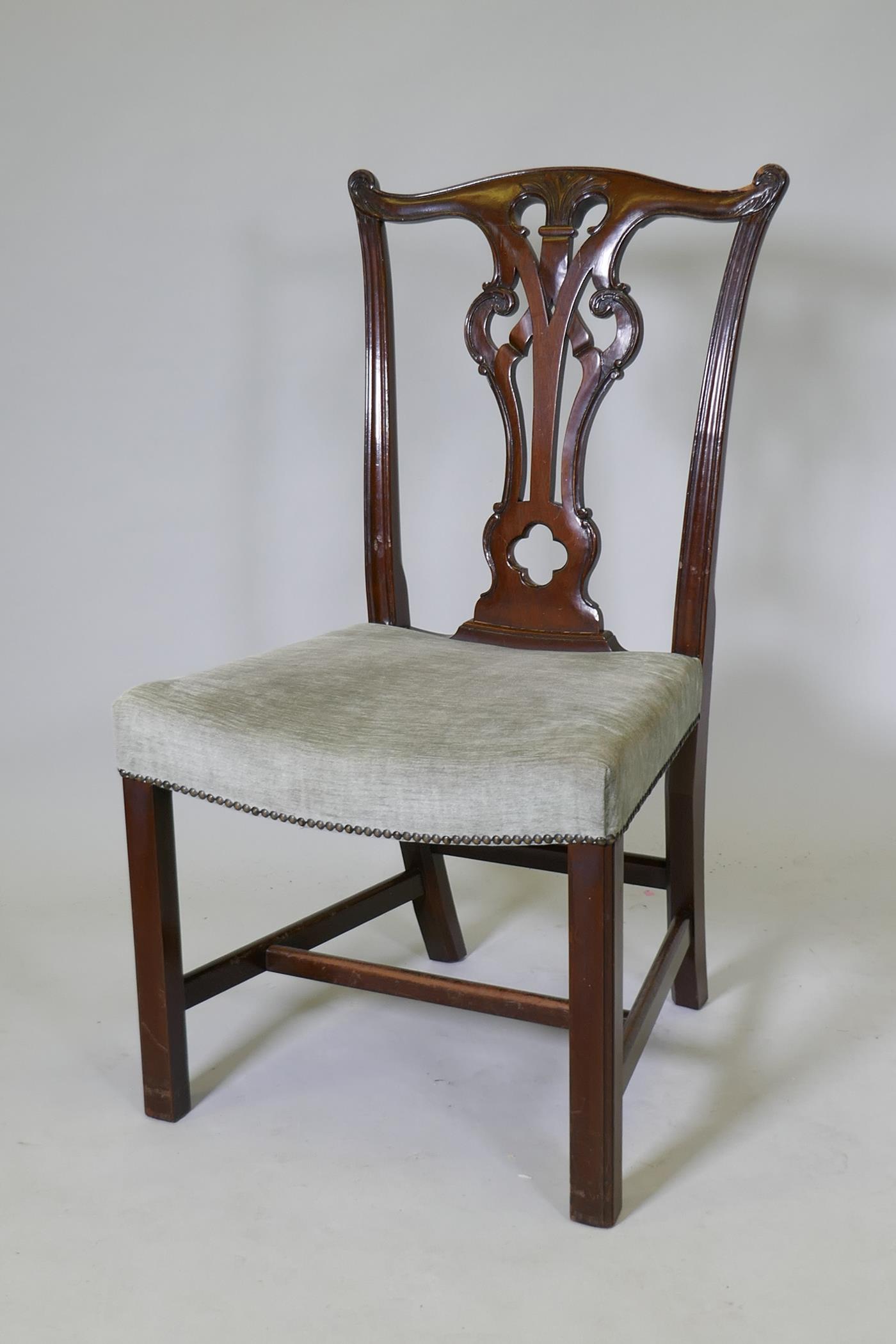 A set of six Chippendale style mahogany dining chairs with carved and pierced splats and overstuffed - Image 3 of 4