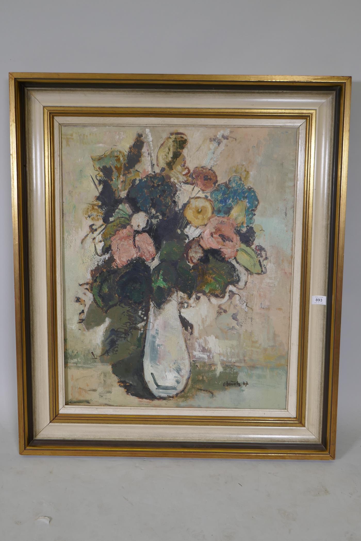 Carl Busch, still life, vase of flowers, signed and dated '47, oil on canvas,23" x 28.5" - Image 2 of 5