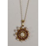 A 9ct gold garnet and pearl pendant, on a 9ct chain, 1" drop