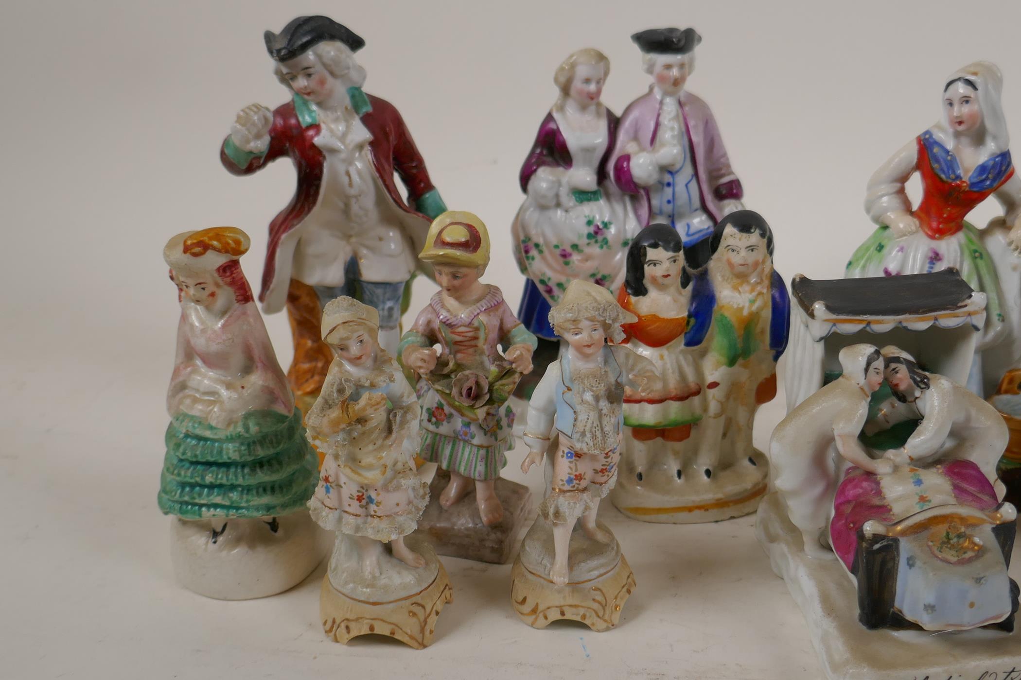 Eleven C19th continental porcelain figurines including groups and a fairing, largest 5½" - Image 6 of 6