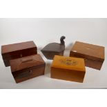 A C19th rosewood sarcophagus tea caddy, a Victorian mahogany three section tea caddy, a Victorian