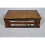 A Bagley & Wright's sewing cottons antique walnut shop display case, with two drawers and eglomise