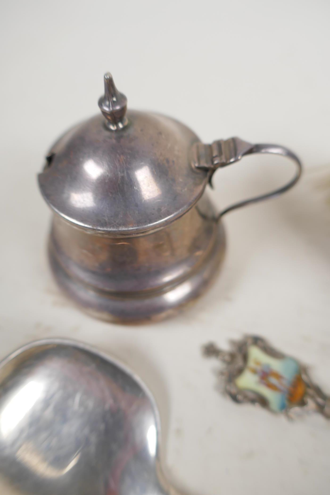 A hallmarked silver mustard pot, Birmingham 1913, a silver rattail teapspoon, silver backed hair - Image 4 of 6