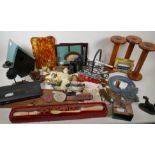 A quantity of miscellaneous items including vintage doll, scales, binoculars, furniture fittings,