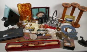 A quantity of miscellaneous items including vintage doll, scales, binoculars, furniture fittings,