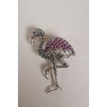 A 925 silver, ruby and marcasite set flamingo brooch, 2" long