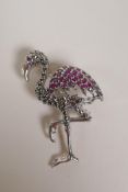 A 925 silver, ruby and marcasite set flamingo brooch, 2" long