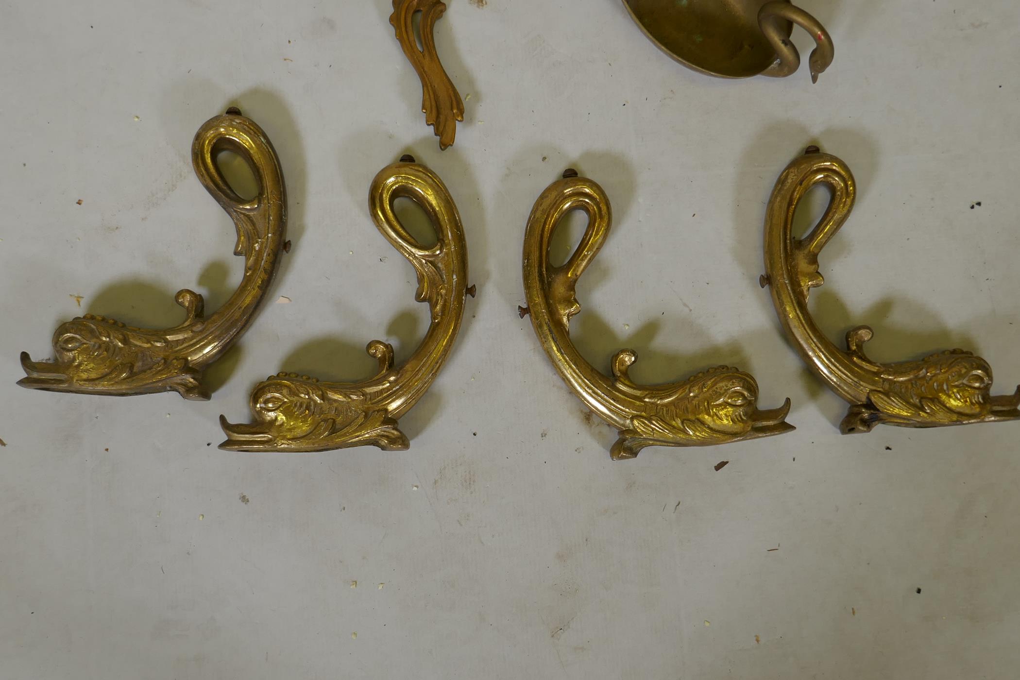 A pair of C19th brass fire dogs, a three branch wall sconce, tray etc and a set of four C19th bronze - Image 2 of 4