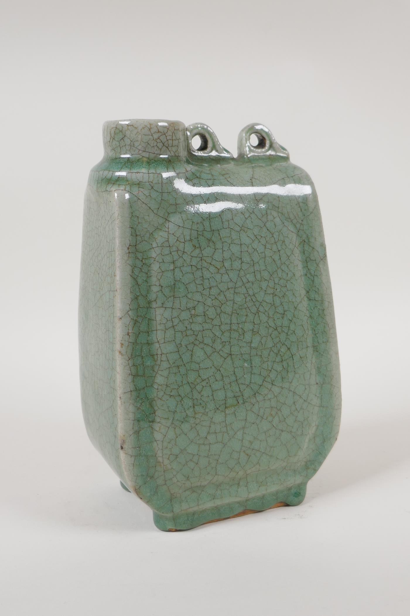 A Chinese celadon crackle glazed porcelain flask, 9" high