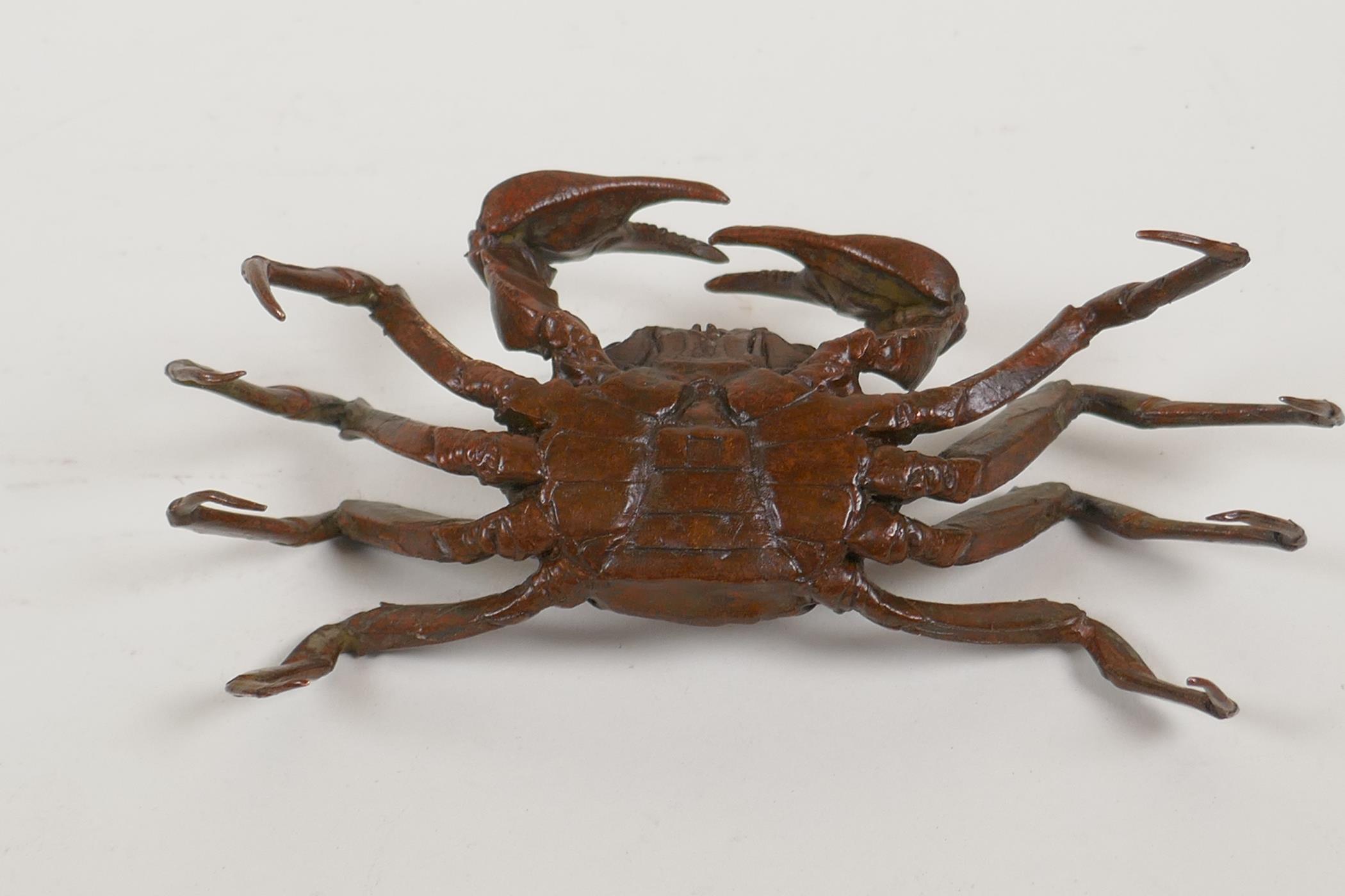 A Japanese bronze okimono of a crab, impressed seal mark to base, 6" wide - Image 9 of 12