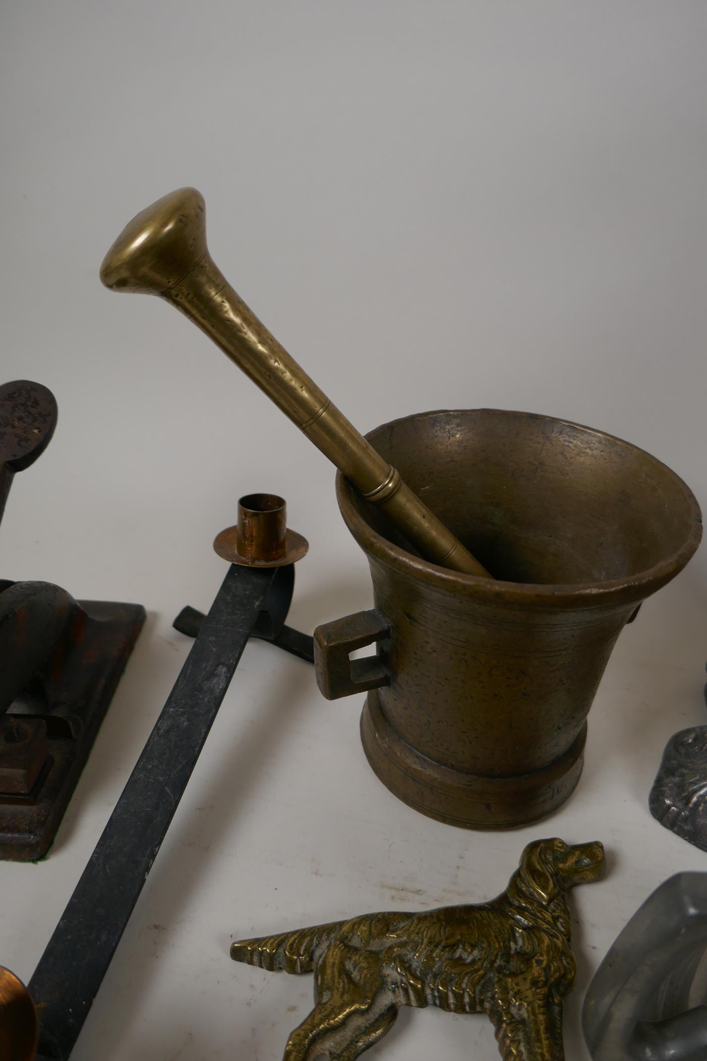 A quantity of brass, copper, pewter and other metal wares to include a coppered figure of a - Image 6 of 6