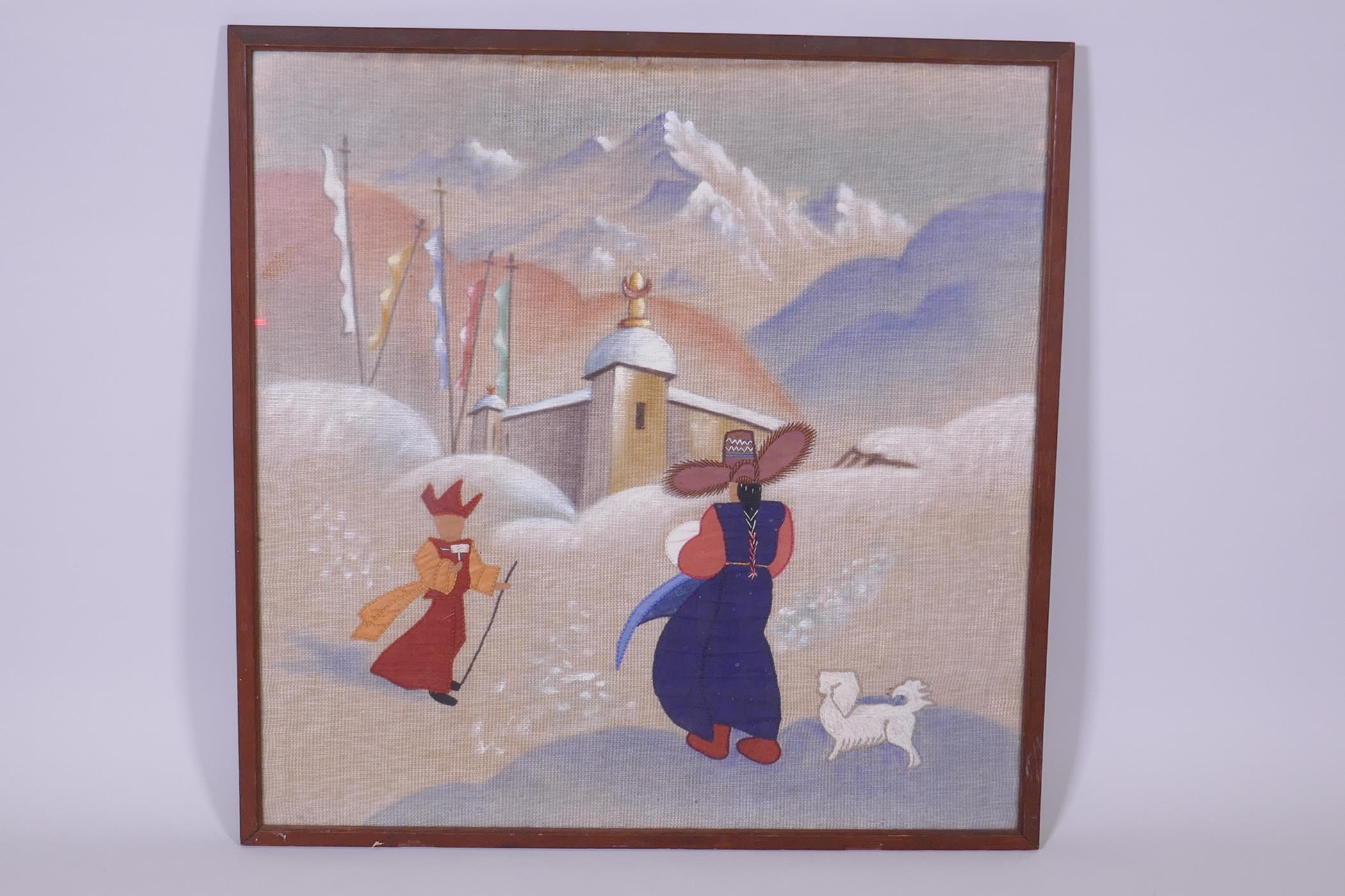 A vintage Tibetan tapestry depicting a mountain landscape and Buddhist monk greeting an acolyte, pre - Image 2 of 2