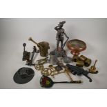 A quantity of brass, copper, pewter and other metal wares to include a coppered figure of a