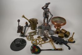 A quantity of brass, copper, pewter and other metal wares to include a coppered figure of a