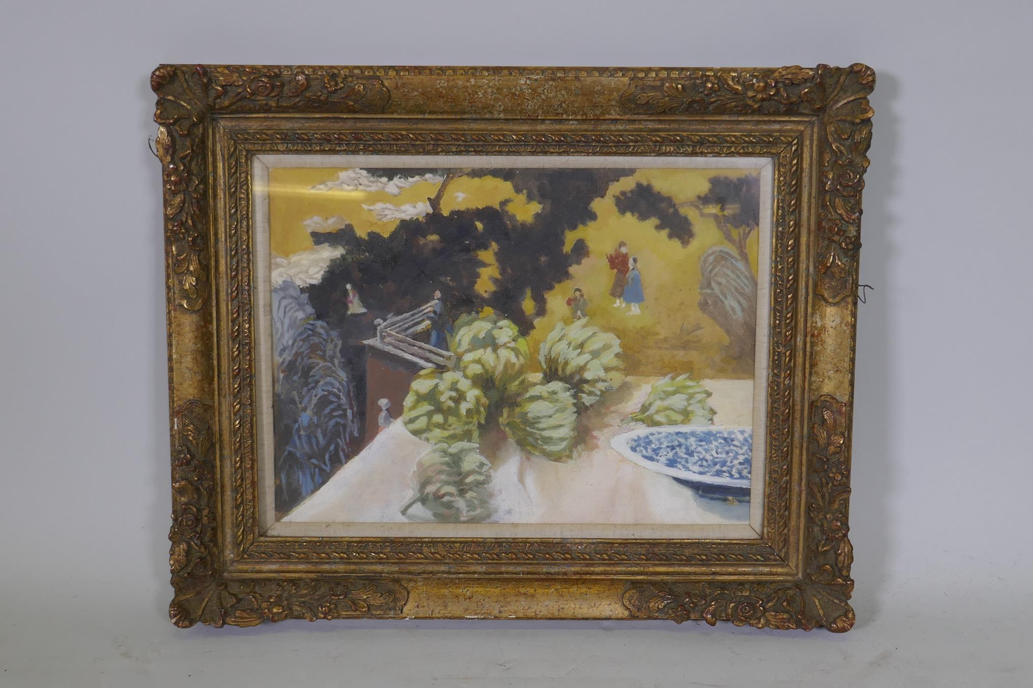 Attributed to Sir Alexander Cadogan OM, GCMG KCB, 1884-1968, still life of artichokes, oil on canvas - Image 2 of 3