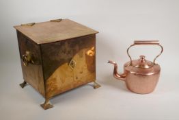 An Arts and Crafts polished copper coal scuttle with liner, and a copper kettle, scuttle 11" x