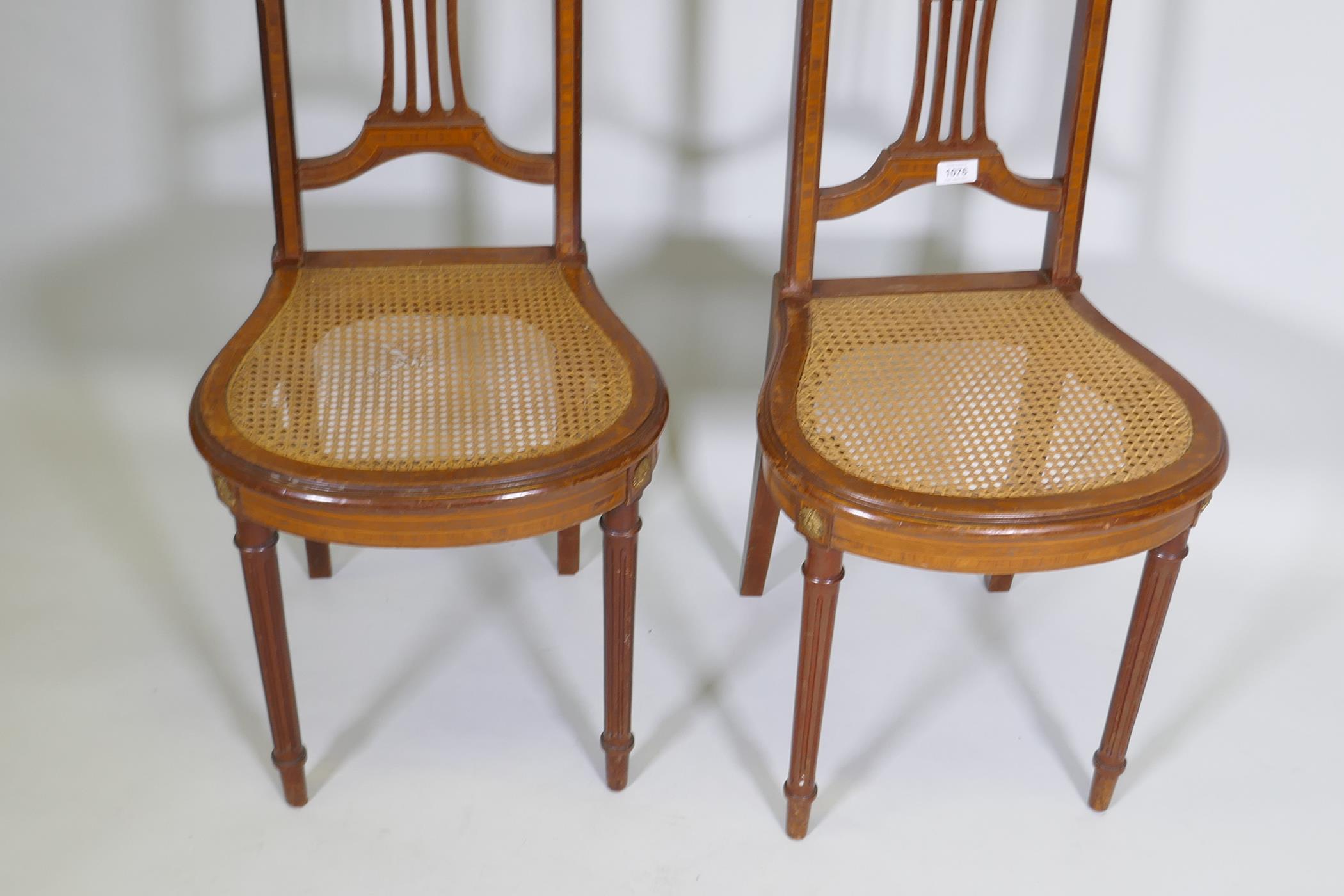 A pair of C19th continental neo-classical style mahogany and satinwood banded side chairs, with - Image 3 of 4