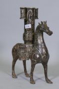 A bronze censer in the form of a deer, with Islamic designs in the Bidri style, 16½" high