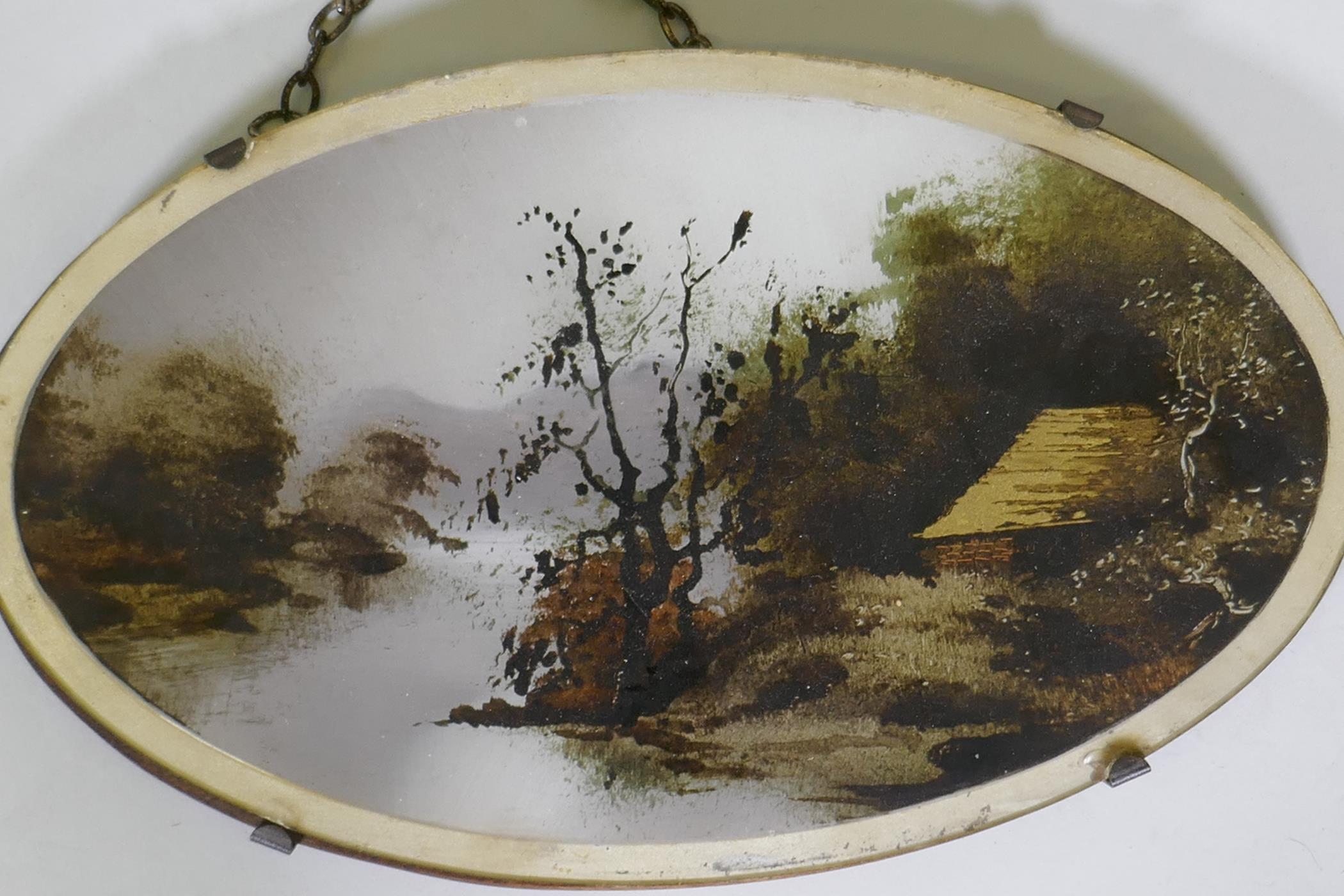 Four reverse paintings on glass depicting rural landscapes, including two by W. Waterhouse, 'The - Image 6 of 6