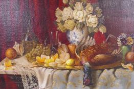 Willy Hanf, still life with fruit, flower and game, signed oil on canvas, unframed, 28" x 38½"