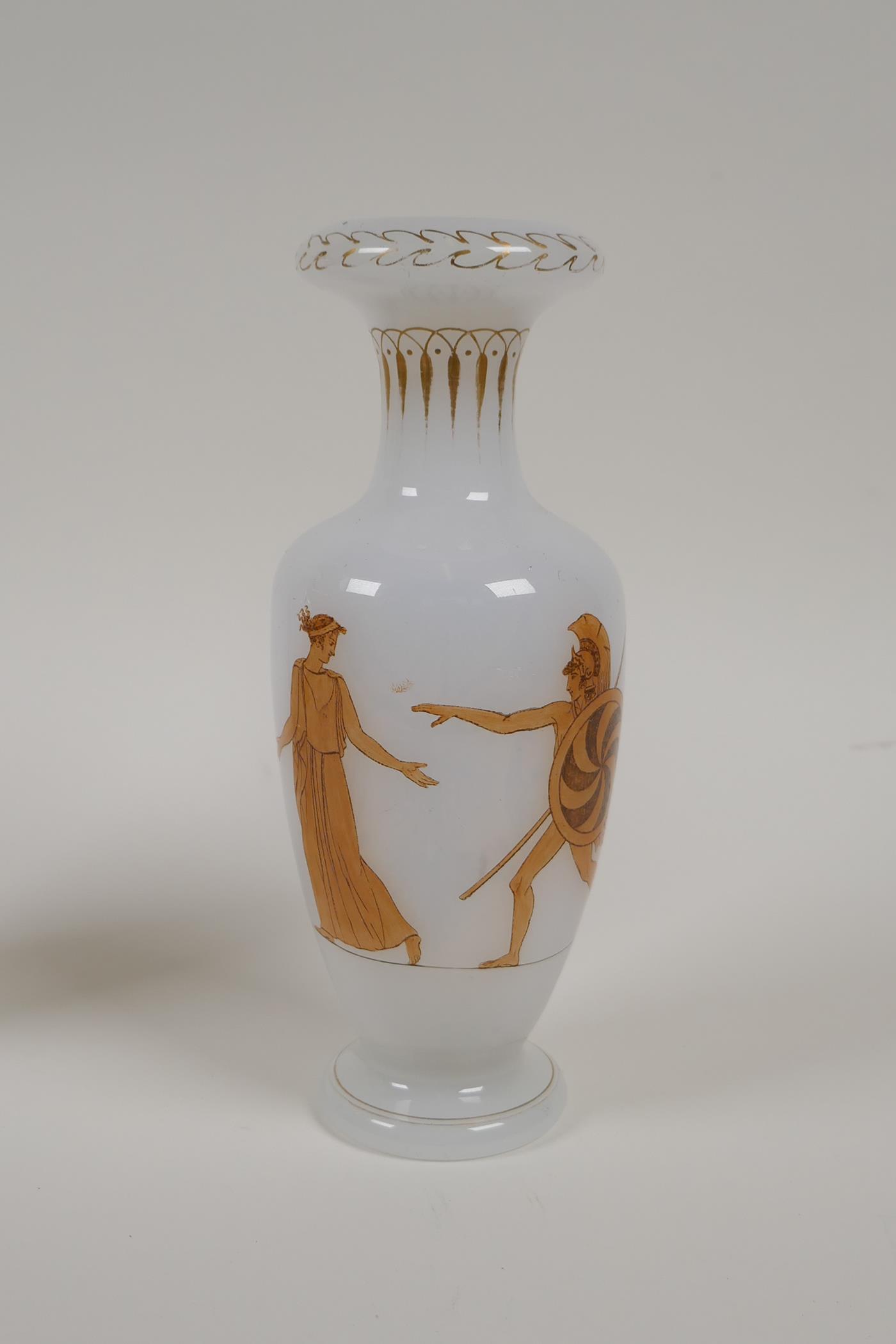 A pair of C19th Richardson Opaline glass vases with classical Grecian decoration and gilt - Image 3 of 18