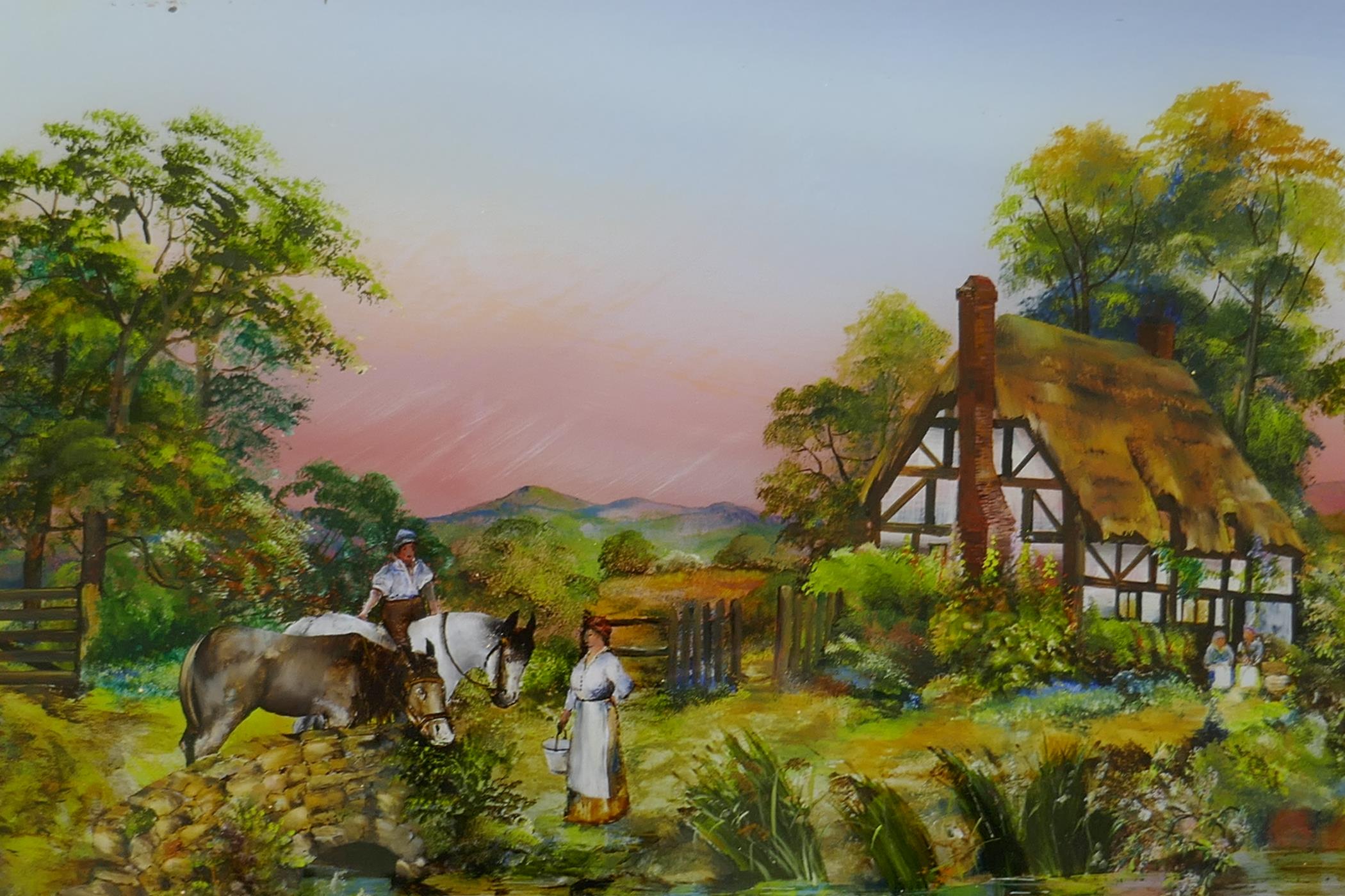 Four reverse paintings on glass depicting rural landscapes, including two by W. Waterhouse, 'The - Image 5 of 6