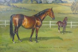 Mare and foal in a landscape, 'Solitaire II and Prince of Monaco', signed Waller, oil on canvas, 16"