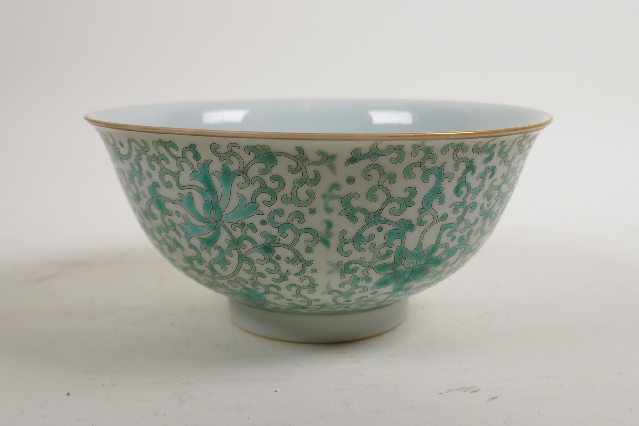 A Chinese green enamelled porcelain rice bowl with scrolling lotus flower decoration, Yongzheng 6 - Image 2 of 5