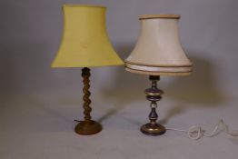 A painted and silver leafed wood table lamp, 13" high, and a painted barleytwist lamp