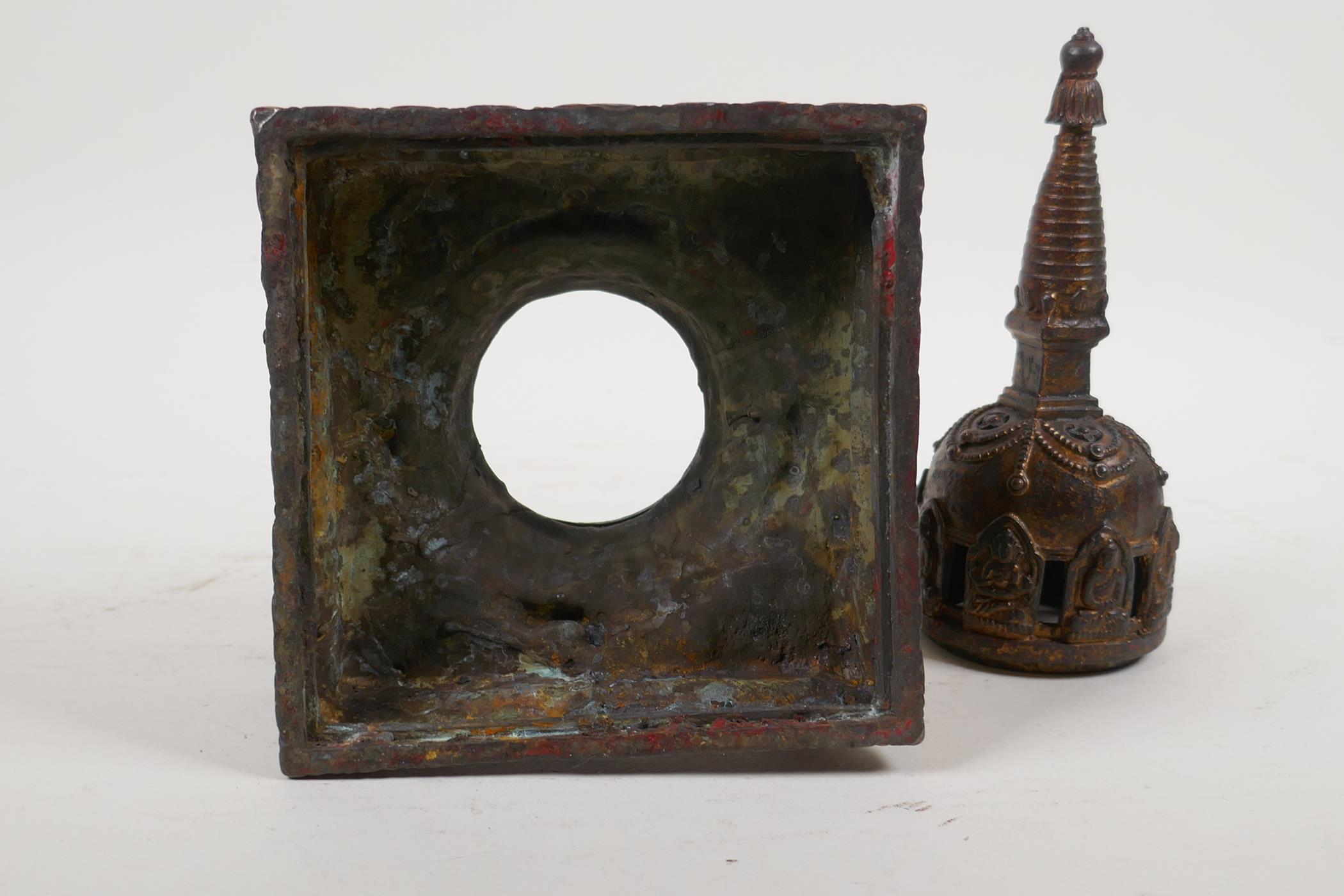 A Tibetan bronze stupa shaped censer, 8½" high - Image 4 of 4