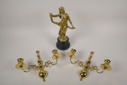 A pair of polished brass two branch wall sconces, and a bronze of a classical woman, 11½" high
