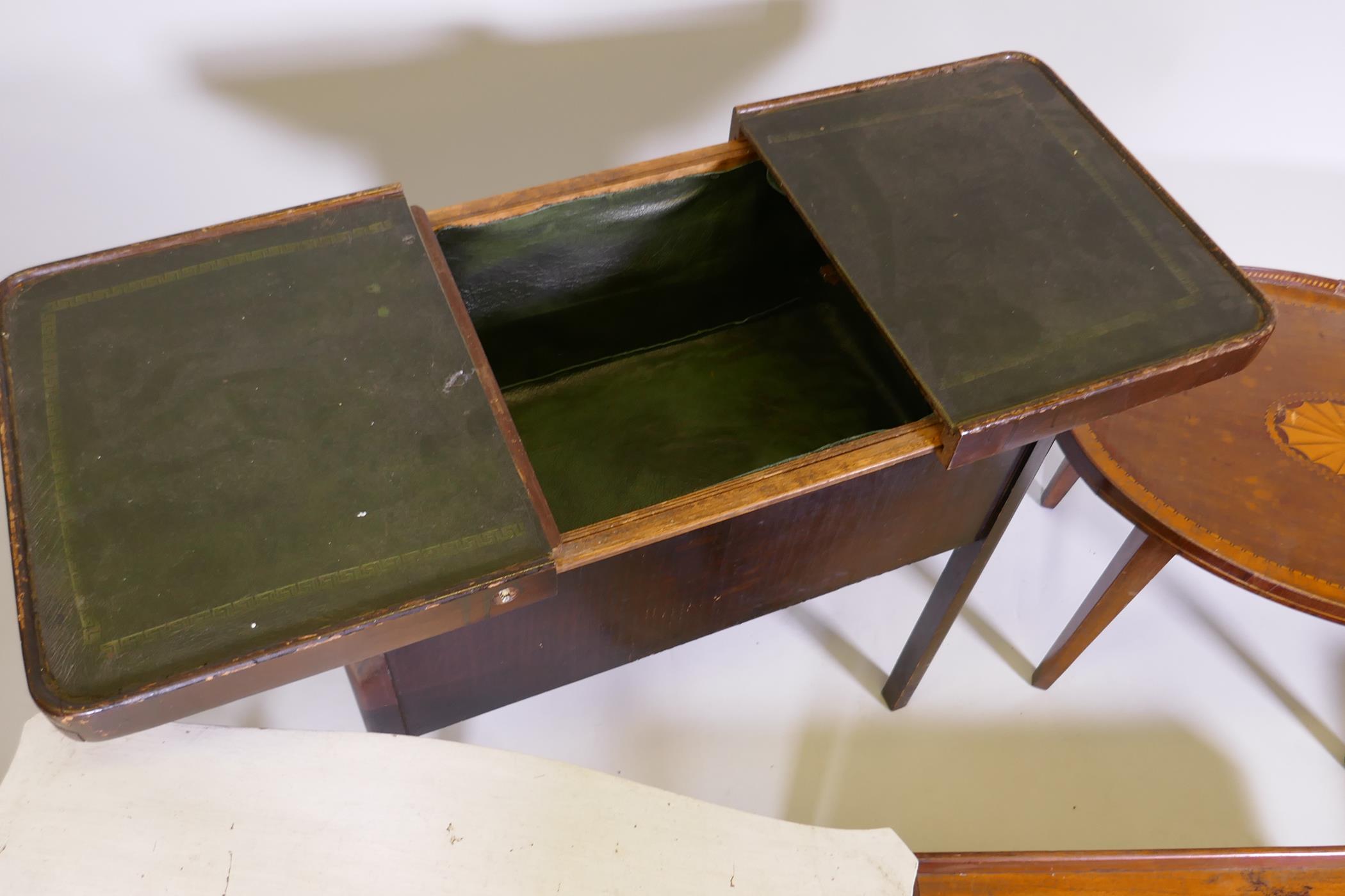 A C19th inlaid oval tray, mounted on a base, a mahogany tray, workbox with sliding top, a painted - Image 9 of 10