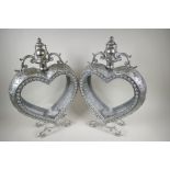 A pair of heart shaped metal lanterns, 21" high