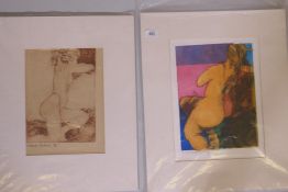 A. Milner-Gulland, nude study, mixed media/print, signed, 1/4, 14" x 11", and another