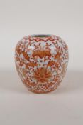 A red and white porcelain jar decorated with bats, lotus flowers and auspicious symbols, Chinese