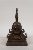 A Tibetan bronze stupa shaped censer, 8½" high