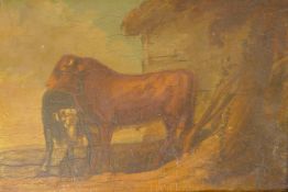 Bull by a farm building, unsigned, inscribed verso Eliza Galston, Burwood, 1810, oil on panel, 17" x