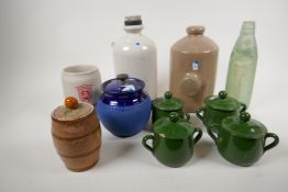 A quantity of stoneware items including hot water bottles, tobacco jar, jam barrel and a Codd's