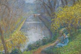 Sigismund Goetze, young woman seated in a river landscape, signed pastel drawing, 18" x 24"