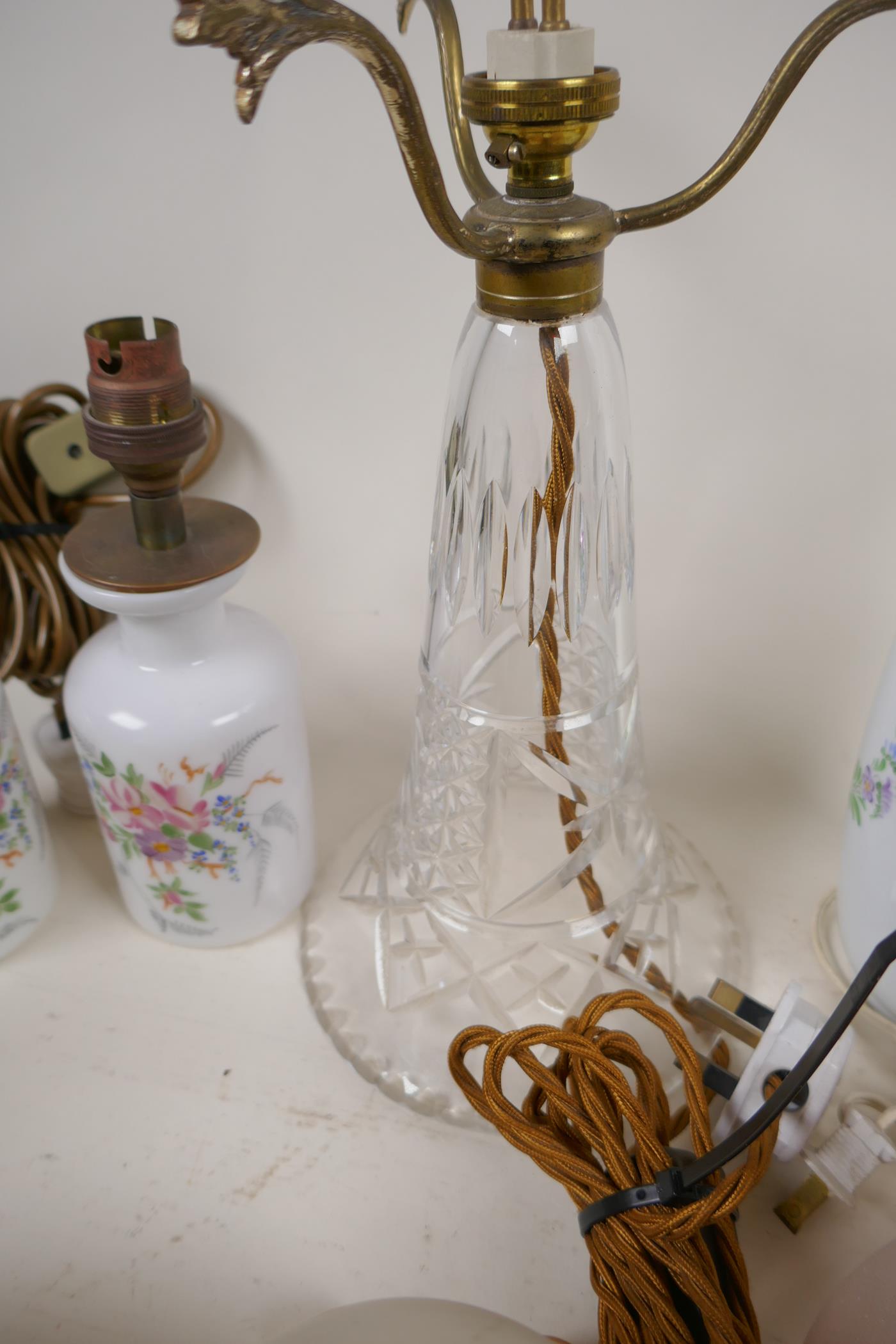 Three porcelain table lamp bases, a cut glass lamp base, three vintage glass light shades and - Image 4 of 5