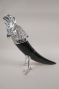 A silver plated mounted horn inkwell in the form of a cockatoo, AF mount loose, 11½" high