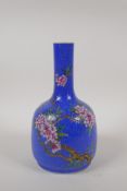 A blue ground porcelain mallet shaped vase with polychrome floral decoration, Chinese Qianlong