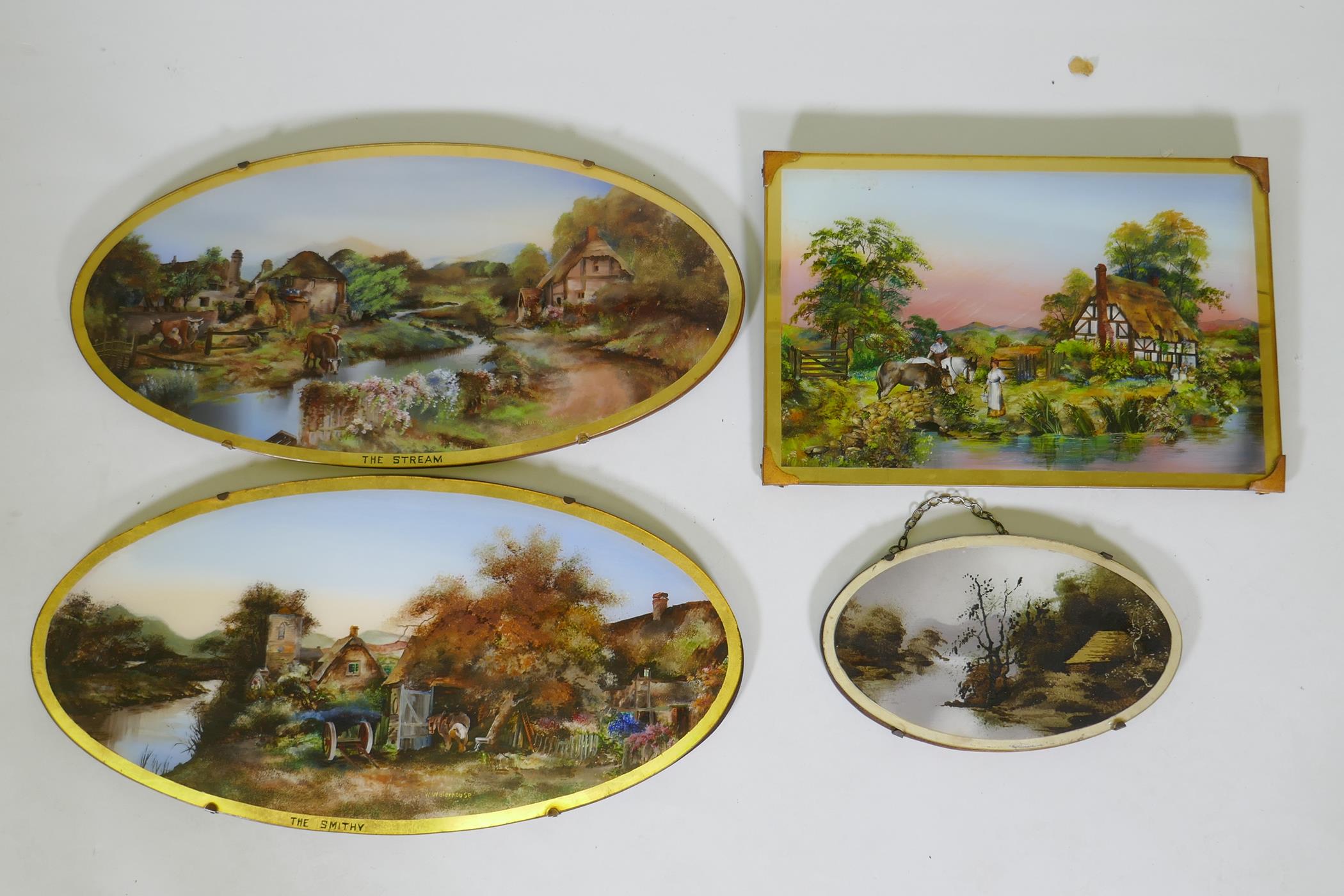 Four reverse paintings on glass depicting rural landscapes, including two by W. Waterhouse, 'The