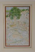 Landscape with figure and animals, red and gold painted border, antique Indo/Persian painting, 9"