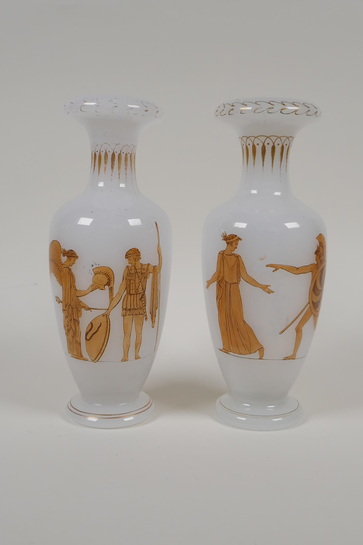 A pair of C19th Richardson Opaline glass vases with classical Grecian decoration and gilt - Image 2 of 18