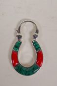 A silver, malachite and coral horse shoe padlock brooch