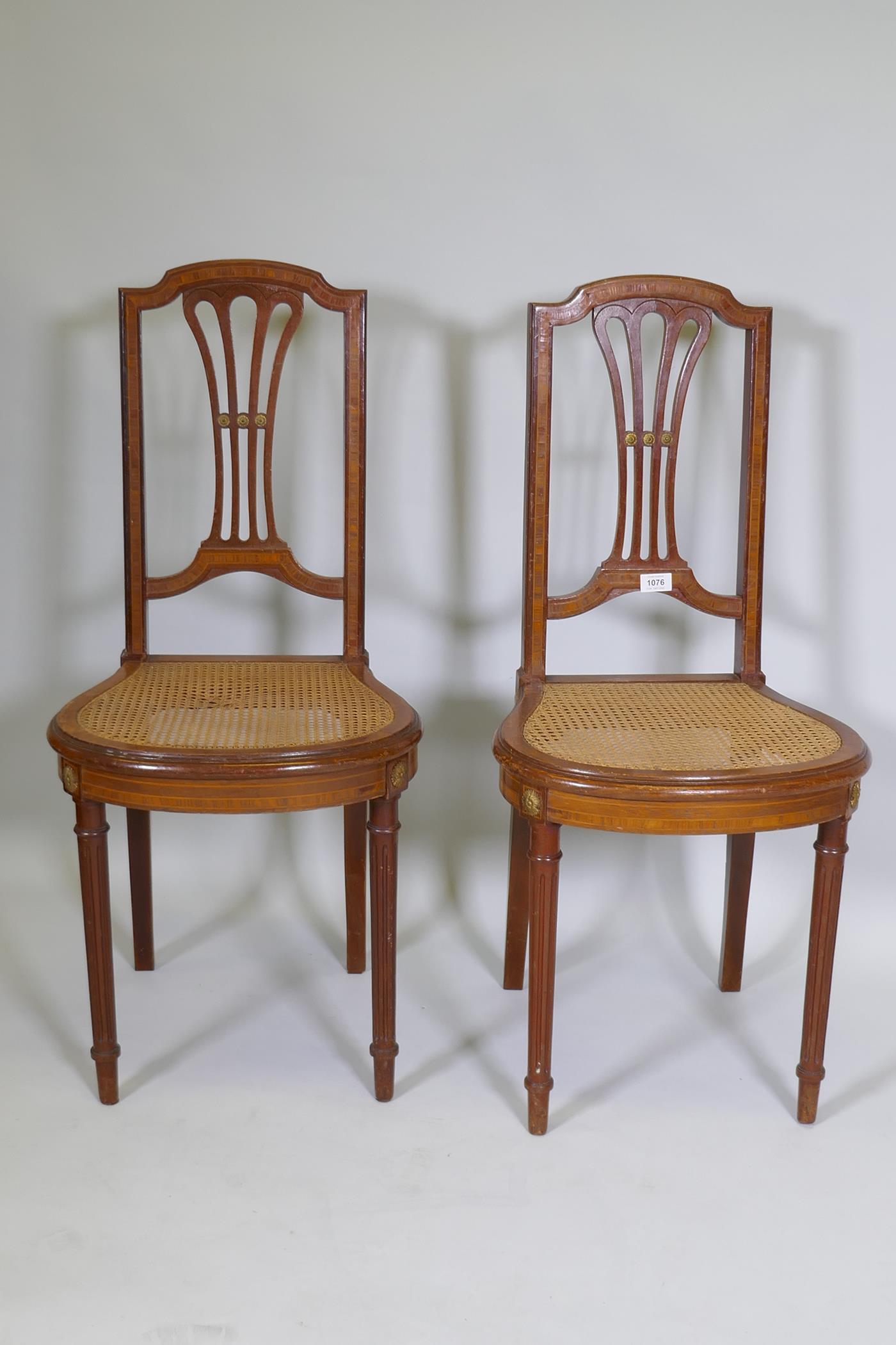 A pair of C19th continental neo-classical style mahogany and satinwood banded side chairs, with - Image 2 of 4