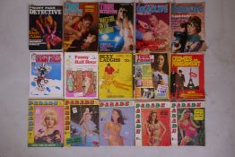 A collection of assorted adult magazines and comics, including five 1960s issues of 'Parade', '