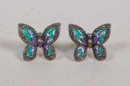 A pair of silver plique a jour butterfly earrings