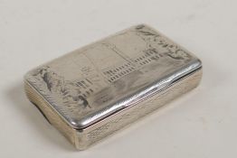 A C19th Russian silver snuff box decorated with engraved scenes of St Petersburg, the interior